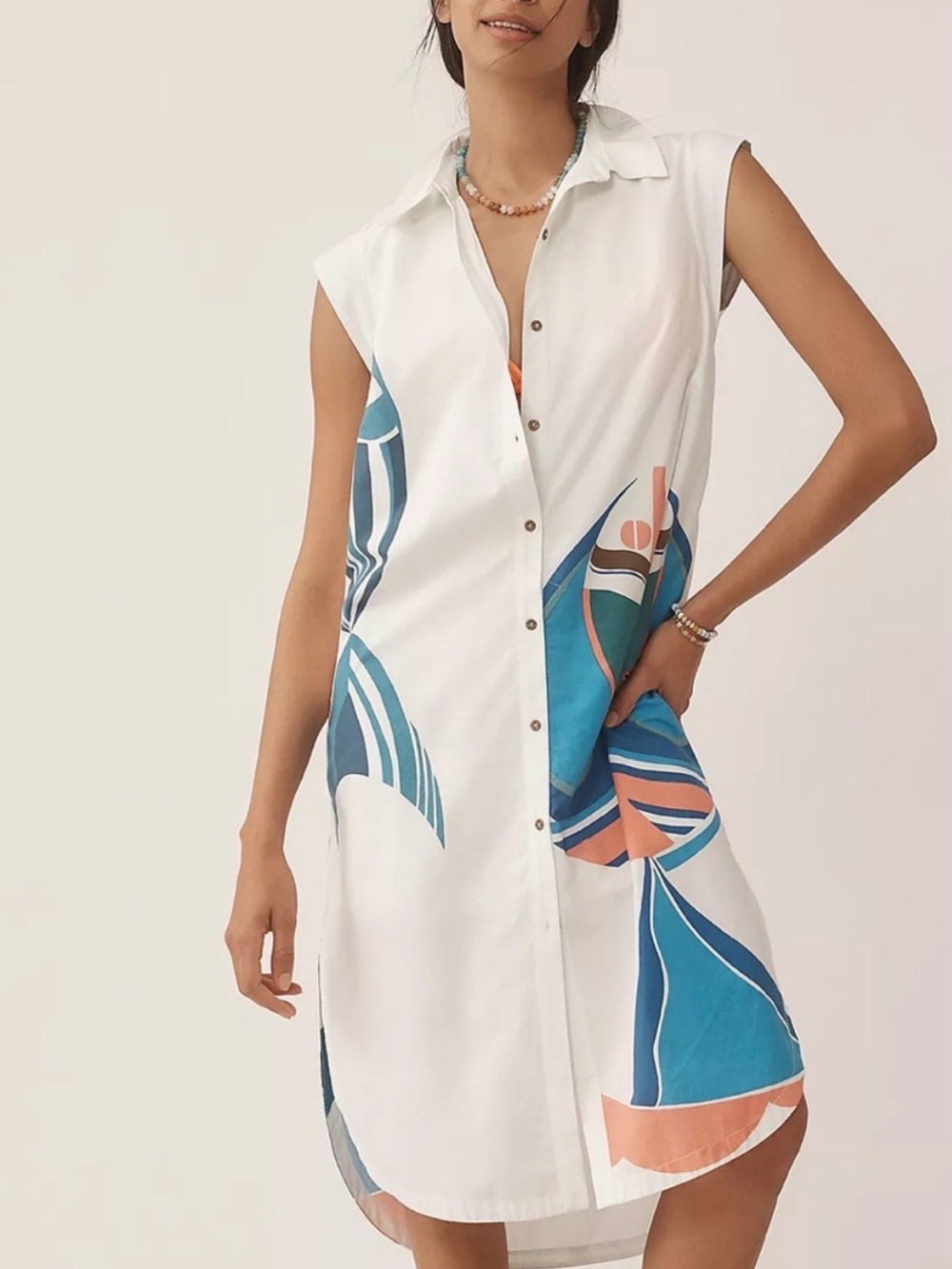Maeve White Sleeveless Midi Shirt Dress with Fish Print -XXS